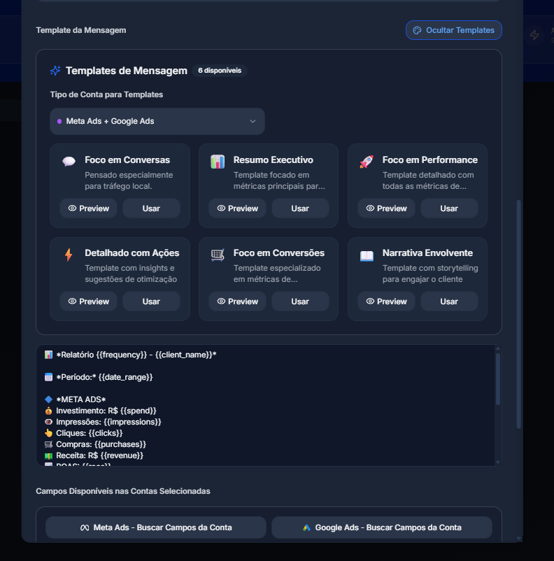 Tela de templates de mensagem dos Relatórios Automáticos da Criativivo com opções Resumo Executivo, Foco em Performance e Detalhado com Ações
