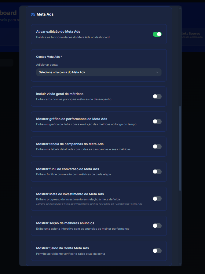 Configuração do Compartilhar Dashboard da Criativivo com chaves para exibir métricas, gráfico de performance, funil de conversão e Meta de Investimento do Meta Ads